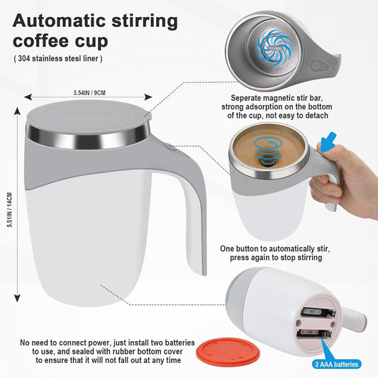 Auto Stirring Coffee Mug – 350 ml Stainless Steel with Sealed Lid