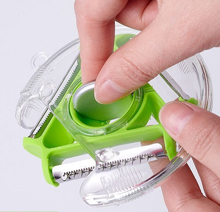3-in-1 peeler showing straight, serrated, and julienne blades