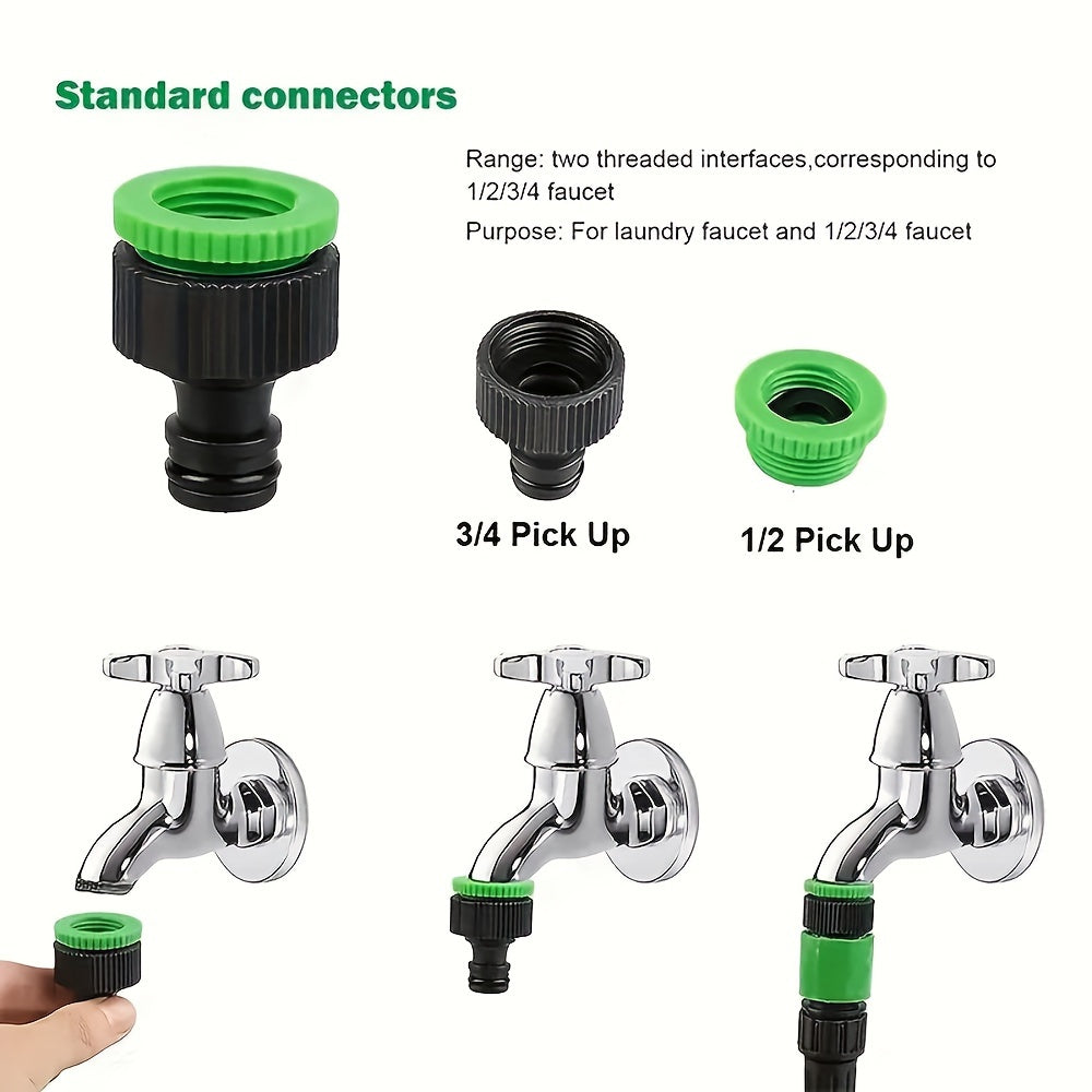 Expandable hose spraying water in garden with adjustable nozzle
