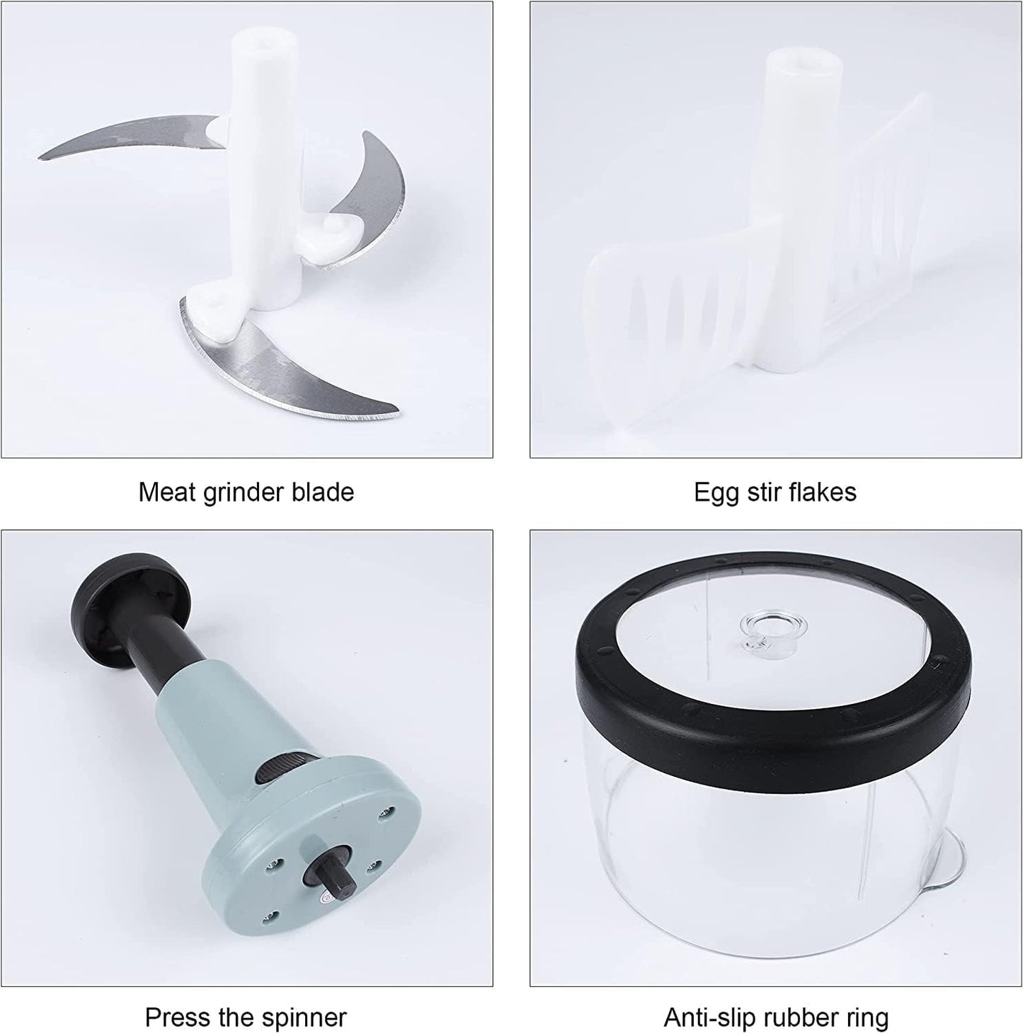 Disassembled parts of manual food chopper – lid, blades, bowl