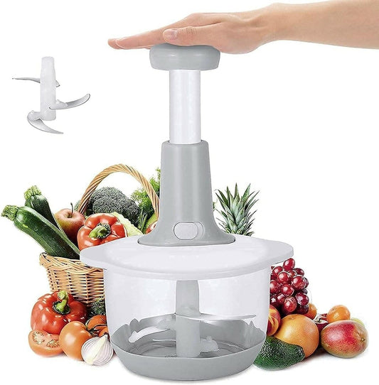 Large manual food chopper with pull cord mechanism and plastic bowl

