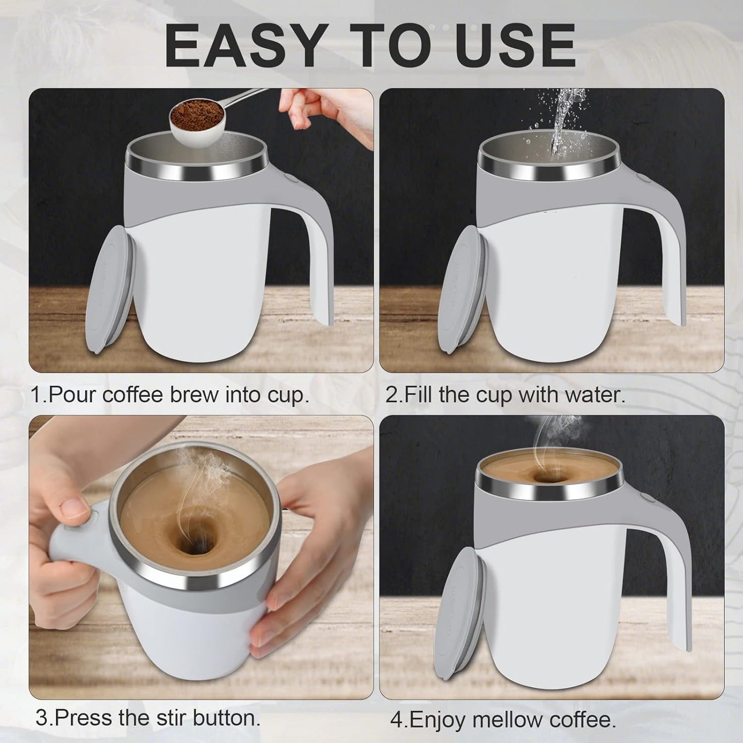 Auto Stirring Coffee Mug – 350 ml Stainless Steel with Sealed Lid