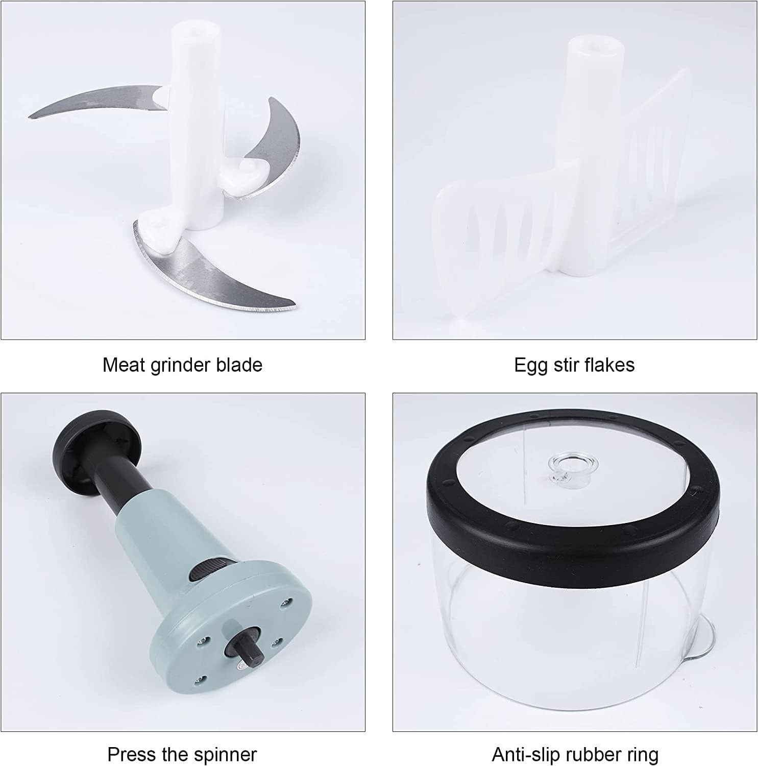 Disassembled parts of manual food chopper – lid, blades, bowl

