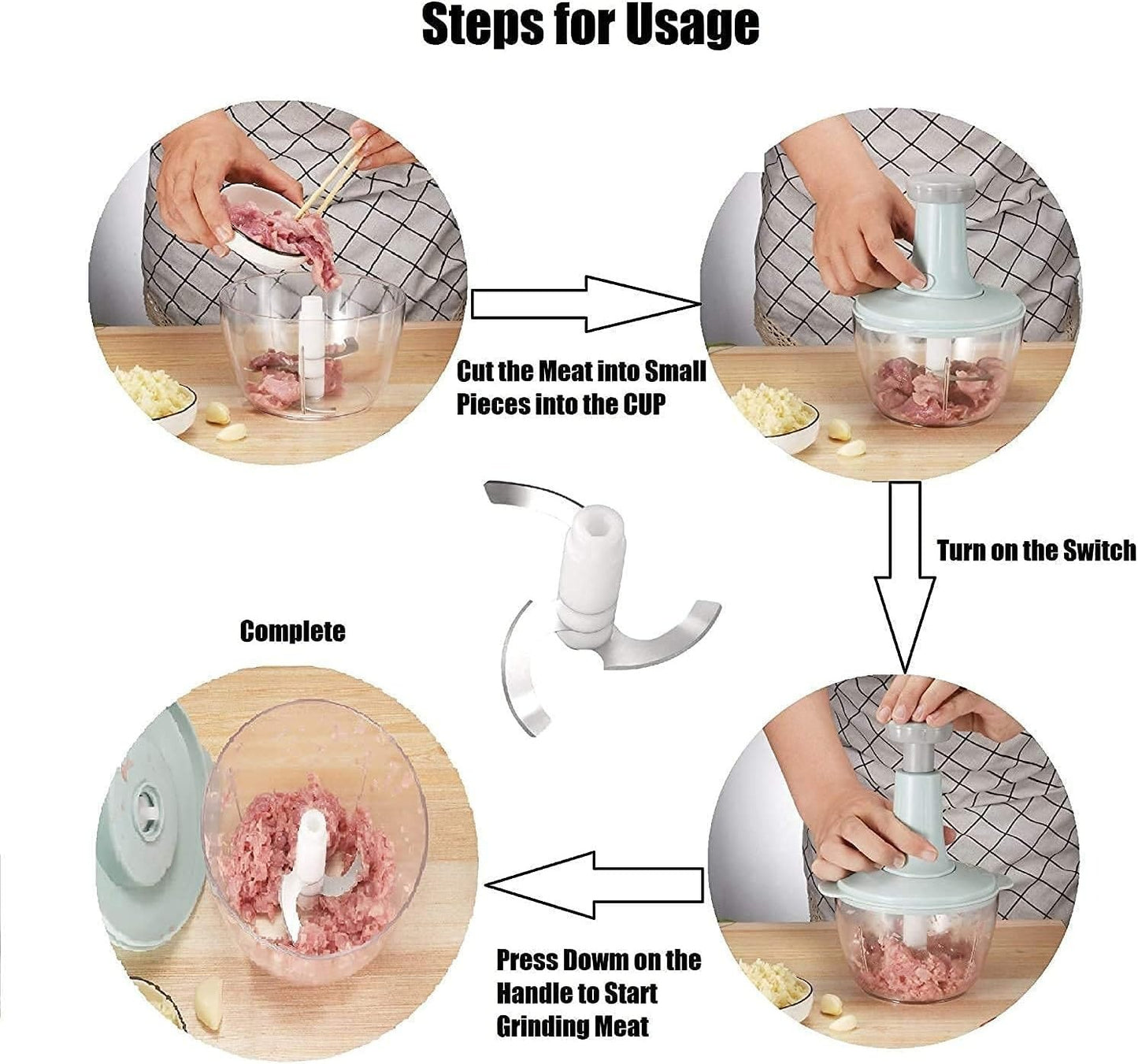 Stainless steel blades inside manual food chopper container

